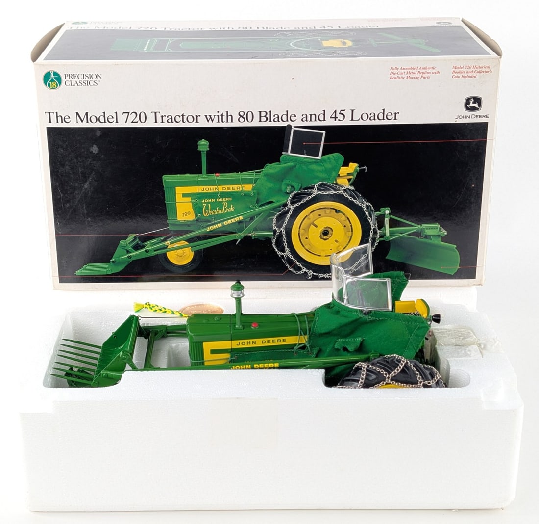 1/16 Ertl John Deere Model 720 Tractor w/ 80 Blade & 45 Loader Precision Classics 18: 1/16 Ertl John Deere Model 720 tractor with 80 blade and 45 loader. Precision Classics Series #18. It comes with the collector's coin, but not the booklet. The box has some staining, and light wear fr