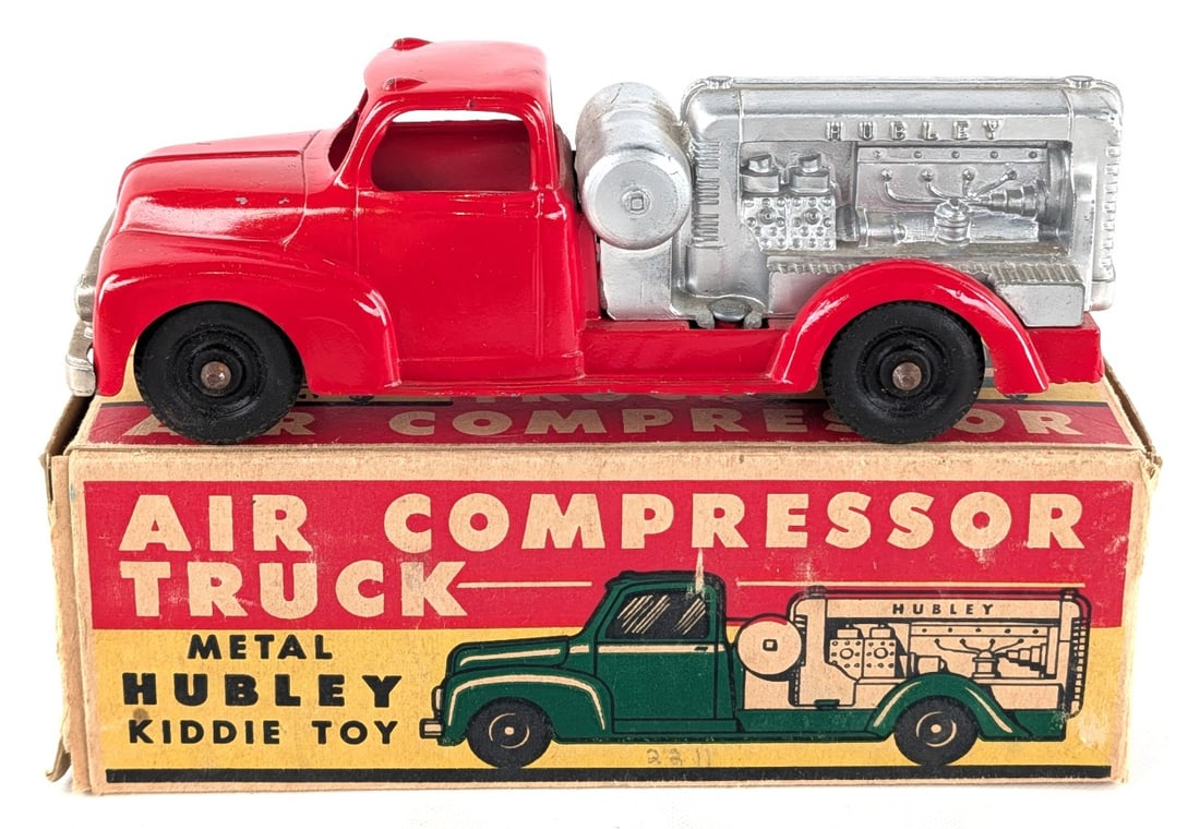 Hubley Kiddie Toy Air Compressor Truck: Hubley Kiddie Toy air compress truck in the original box. The truck has some rub marks and light wear. The box is missing the tuck flap on one end and shows wear from handling / age. Measures approxim
