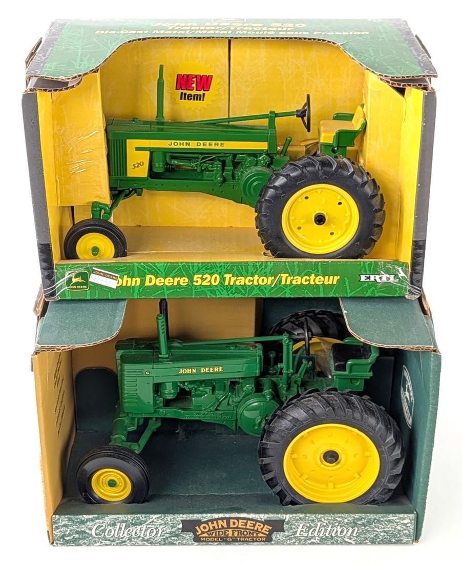 1/16 Ertl John Deere 520 & Model "G" Tractors: 1/16 Ertl John Deere 520 wide front tractor and John Deere Model "G" wide front tractor. Both in good condition in the boxes.