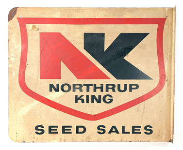 DST Northrup King Seed Sales Advertising Flange Sign: Vintage double sided tin Northrup King Seed Sales advertising flange sign. The sign has paint loss, discoloration, and wear from use and age. Measures approximately 22" long by 18" tall.