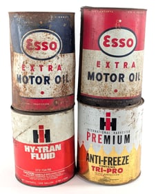 IH Hy-Tran Fluid, IH Anti-Freeze, and Esso Motor Oil Cans