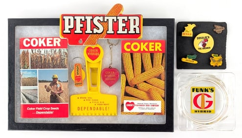 Vintage Pfister License Plate Topper, Coker, Dekalb, and Funk's G Memorabilia