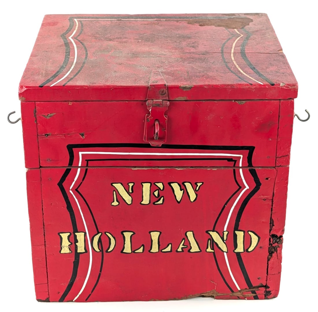 Hand Painted New Holland Wood Chest: Hand painted New Holland wood chest. The chest has some damage, paint loss, and wear from use and age. Measures approximately 15-1/4" across by 14-3/4" tall by 12" deep.