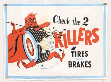 4ft 1950s-60s 2 Killers Tire Auto Shop Canvas Banner w/ Devil Graphics