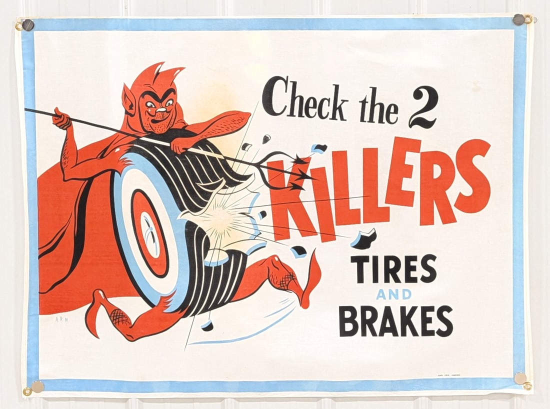 4ft 1950s-60s 2 Killers Tire Auto Shop Canvas Banner w/ Devil Graphics (1 of 11)
