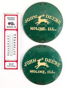 Massey Harris Thermometer & (2) John Deere Planter Lids