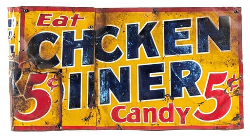 Vintage Chicken Dinner Candy Embossed Tin Advertising Sign