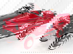 Contemporary Apple Towing Pedal Car: Contemporary Apple Towing pedal car. The car has a winch on the rear. It has a hole in the bed and might be missing the tow boom. The car has some surface rust to the chrome features, scratches, and l