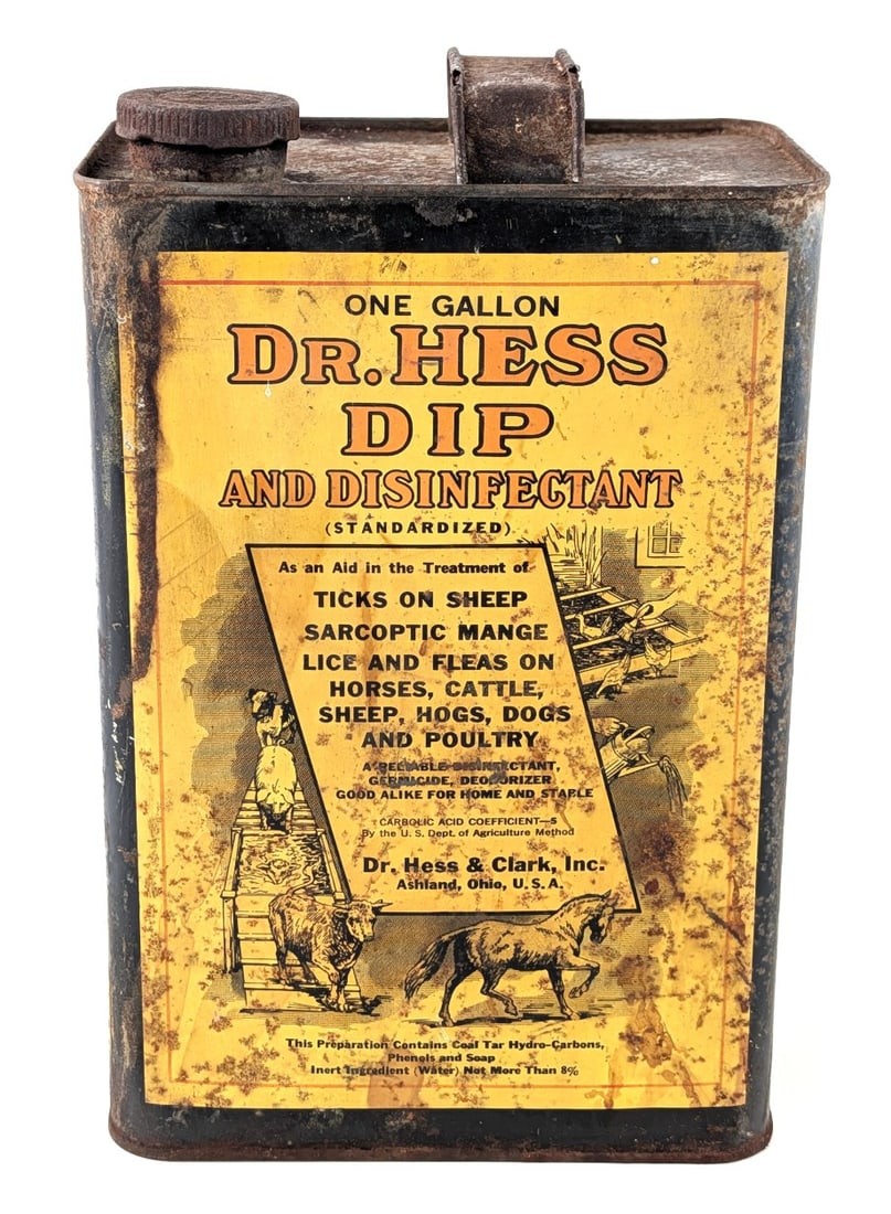 Dr. Hess Dip and Disinfectant One Gallon Can w/ Animal Graphics: Vintage Dr. Hess Dip and Disinfectant one gallon can. The can displays well with animal graphics. It does have surface rust, staining, and wear from use and age. Measures approximately 10" tall.
