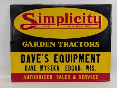 SST Simplicity Garden Tractors "Dave's Equipment" Embossed Advertising Sign