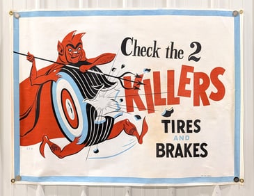 4ft 1950s-60s 2 Killers Tire Auto Shop Canvas Banner w/ Devil Graphics