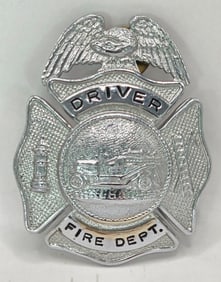Obsolete Fire Department Driver Shield Badge With Screw Back