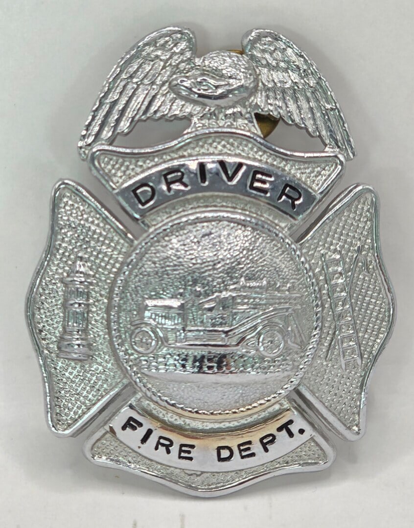 Obsolete Fire Department Driver Shield Badge With Screw Back (1 of 2)