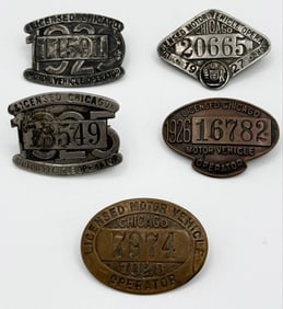 Lot Of Five 1920's Licensed Chicago Motor Vehicle Operator Badges
