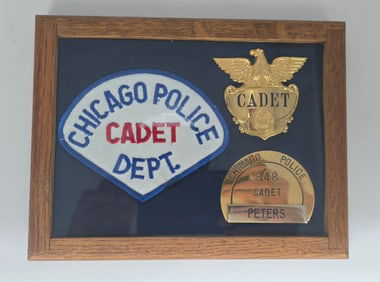 Framed Obsolete Chicago Police Cadet Department Two Badge & Patch Set