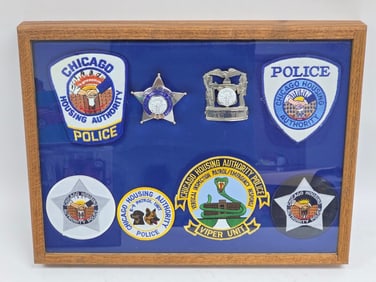 Framed Obsolete Chicago Housing Authority Two Badge & Six Patch Set