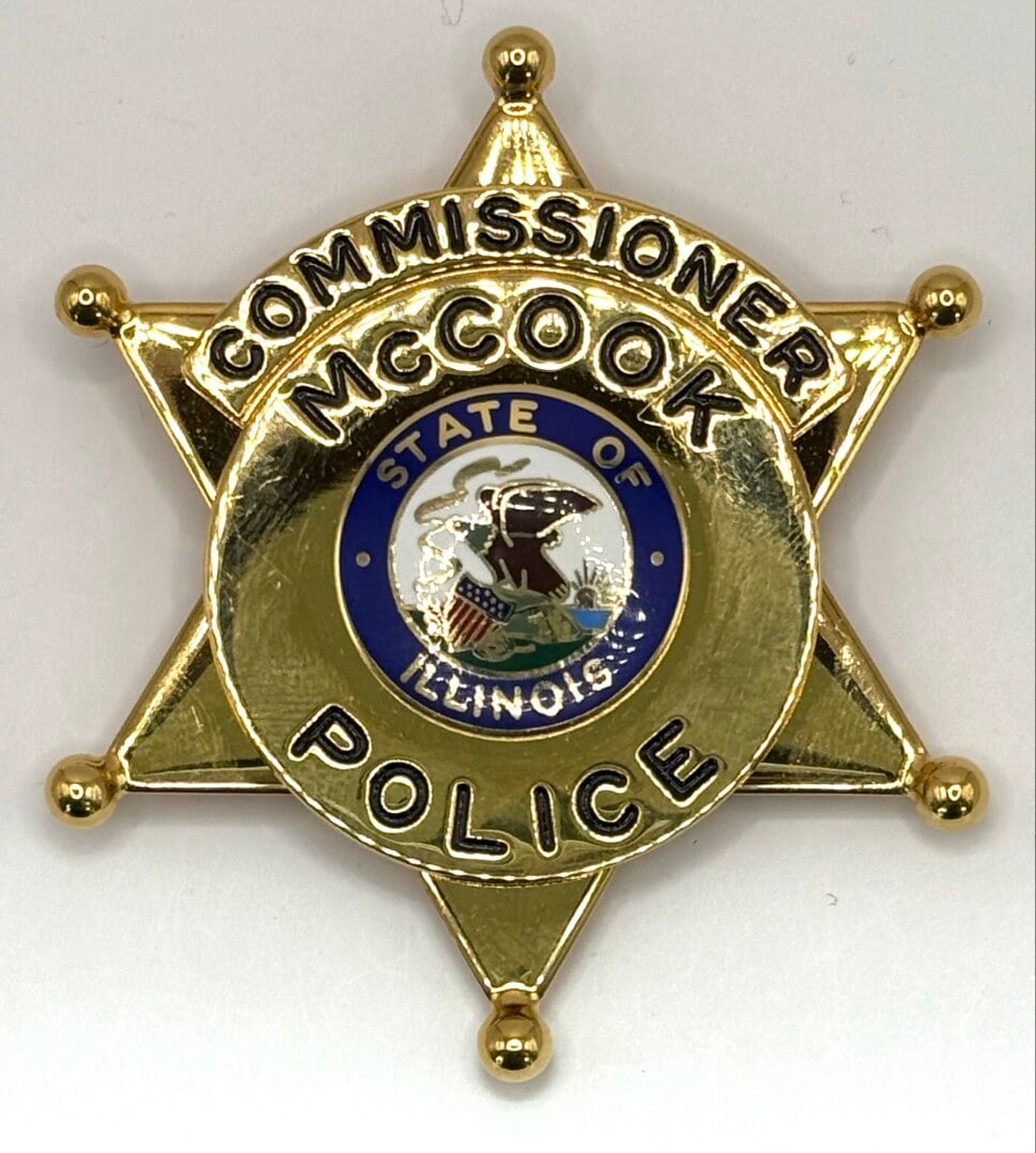 Obsolete Blackinton McCook Illinois Police Commissioner Star Badge: Obsolete McCook Illinois Police Commissioner 6-Point Star Badge with ball tips. The gold-tone wallet badge is in great condition with a back slide, has little to no use wear. Maker marked VHB. It meas