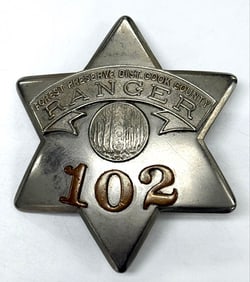 Obsolete C.H. Hanson Forest Preserve District Cook County Ranger Pie Plate Badge #102