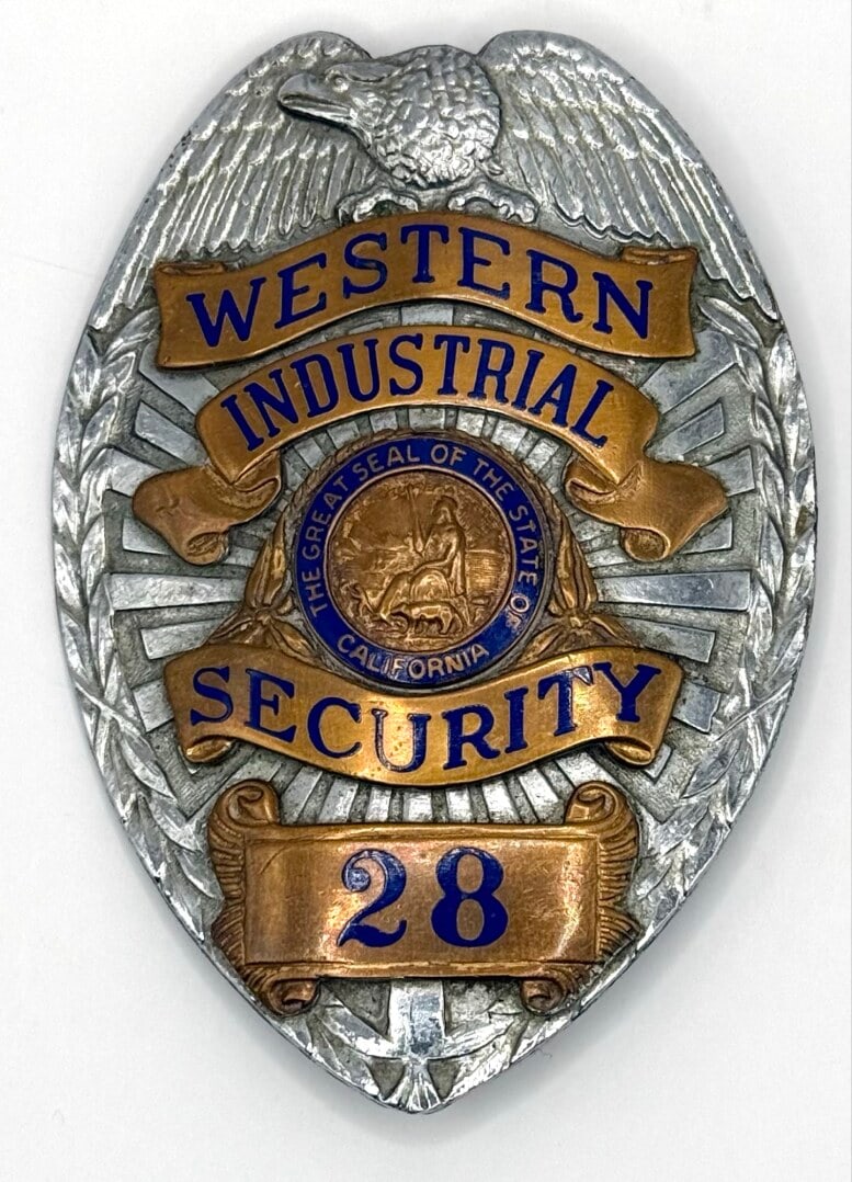 Obsolete Entenmann State Of California Western Industrial Security Shield Badge #28: Obsolete State Of California Western Industrial Security Shield Badge. The badge is in nice condition with a pin back, has some age and use wear. Maker marked Entenmann. Badge measures approximately 3