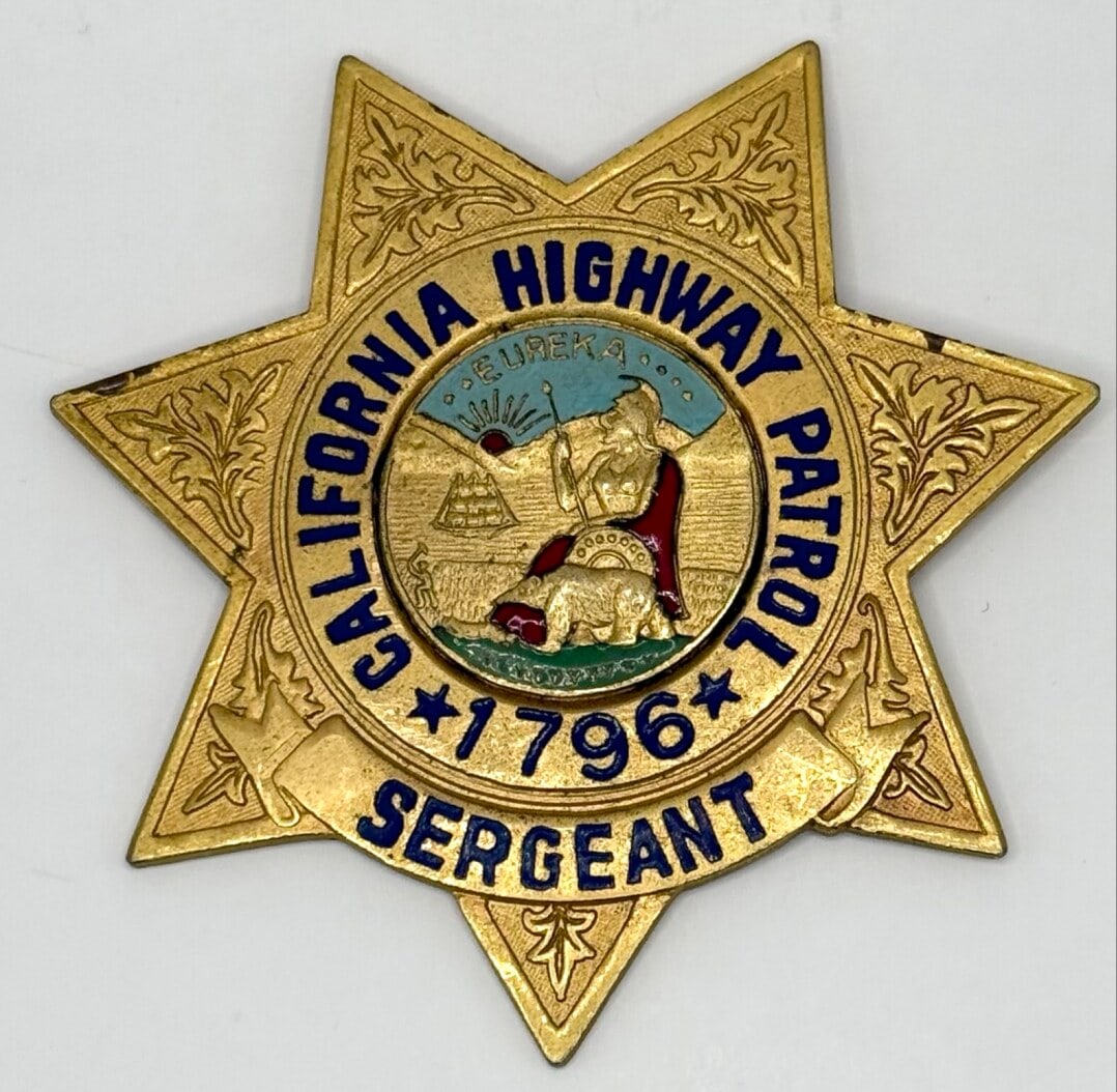 Obsolete California Highway Patrol Sergeant Star Wallet Badge #1796: Obsolete California Highway Patrol Sergeant 7-Point Star Wallet Badge. The gold-tone badge is in nice condition with a flat back, has some age and use wear. No maker mark. Badge measures approximately