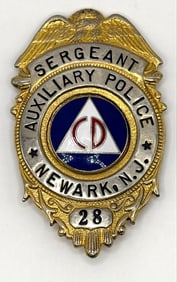 Obsolete Orber Mfg. Newark New Jersey Civil Defense Auxiliary Police Sergeant Shield Badge #28