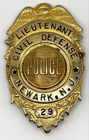 Obsolete Newark New Jersey Civil Defense Police Lieutenant Shield Badge #29