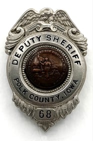 Obsolete Des Moines Rubber Works Polk County Iowa Deputy Sheriff Shield Badge #68