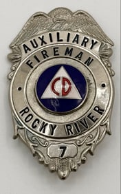 Obsolete Rocky River Ohio Auxiliary Fireman Civil Defense Shield Badge #7