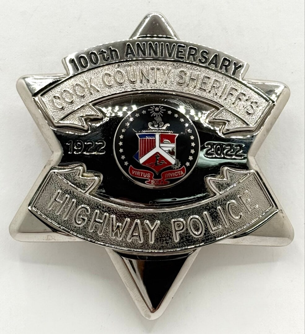 Obsolete Blackinton 2022 Cook County Illinois Sheriff's Highway Police 100th Anniversary Badge: Obsolete 2022 Cook County Illinois Sheriff's Highway Police 100th Anniversary 6-Point Star Badge. The badge has a pin back with little age and use wear. Maker marked Blackinton. Badge measures approxi
