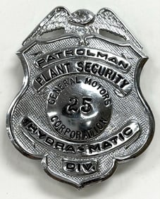 Obsolete General Motors Hydra-Matic Division Plant Security Patrolman Shield Badge #25