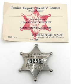 Obsolete Cook County Illinois Junior Deputy Sheriff Star Badge #3286 With Card