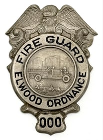 Obsolete Illinois Elwood Ordnance Fire Guard Shield Badge #000