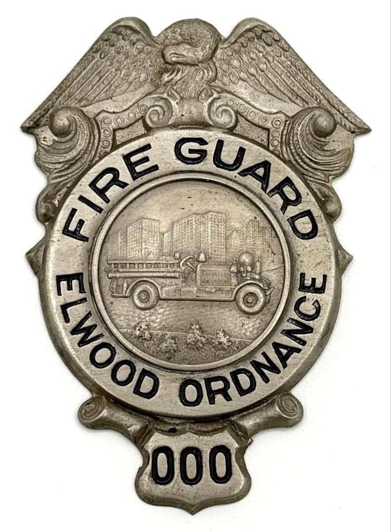 Obsolete Illinois Elwood Ordnance Fire Guard Shield Badge #000 (1 of 2)