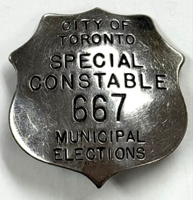 Obsolete City Of Toronto Special Constable Municipal Elections Shield Badge #667