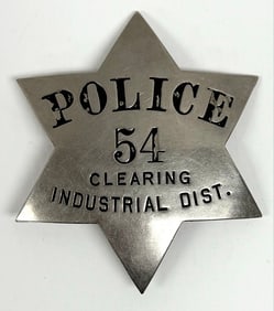 Obsolete Chicago Clearing Industrial District Police 6-Point Star Badge #54