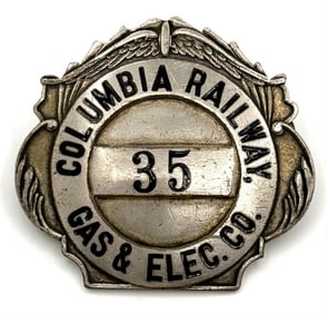 Obsolete Columbia Railway Gas & Electric Company Hat Badge #35