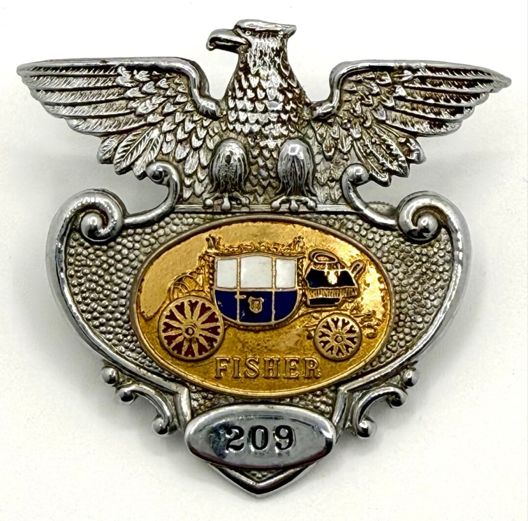 Obsolete Fisher Body Plant Security Officer Hat Badge #209: Obsolete Fisher Body Plant Security Officer Hat Badge. The badge is in good condition with two screw back posts, has some age and use wear. No maker mark. Badge measures approximately 2-5/8" tall by 2