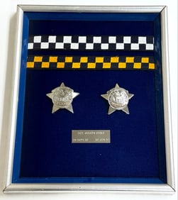 Framed Pair Of Named Chicago Police Retired Patrolman & Sergeant 5-Point Stars Badges