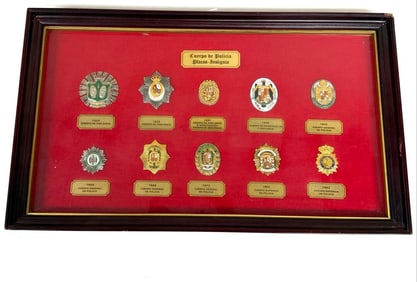 Framed set of Ten Spanish National Police Corps Badges