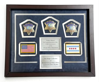 Framed Set Of Three Badges Minted To Commemorate The 150th Anniv. Of The Chicago Police Department