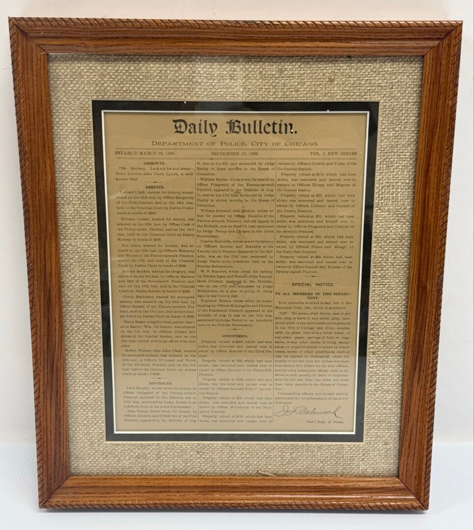 Framed September 18, 1895 Department Of Police City Of Chicago Daily Bulletin: Framed & Matted September 18, 1895 Department Of Police City Of Chicago Daily Bulletin. The bulletin is in good condition with a few older folds, displays great. Sight measures 8" across x 10-1/2" tal
