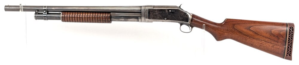 1924 Winchester Model 1897 12 Ga Pump Action Shotgun: Manufacturer: Winchester, Model: 1897, Type: Shotgun, Caliber/Gauge: 12 Ga, Barrel: 20-1/2 inch, Choke: Full, Finish: Bare Metal, Grip: , Stock: Walnut, Condition: Overall good with minimal finish rem