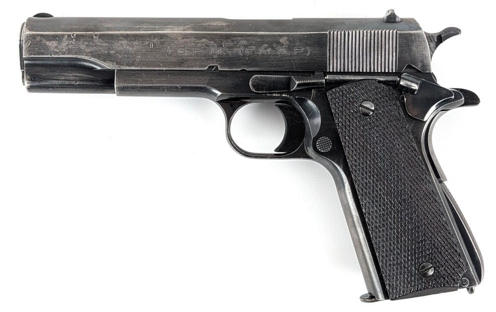Argentine Colt 1911A1 Sistema D.G.F.M.-(F.M.A.P.) Model 1927 .45 ACP Semi Auto Pistol: Manufacturer: Sistema, Model: 1927, Type: Pistol, Caliber/Gauge: .45 ACP, Barrel: 5 inch, Choke: , Finish: Blued, Grip: Checkered Plastic, Stock: , Condition: Good aged condition with finish wear, scu
