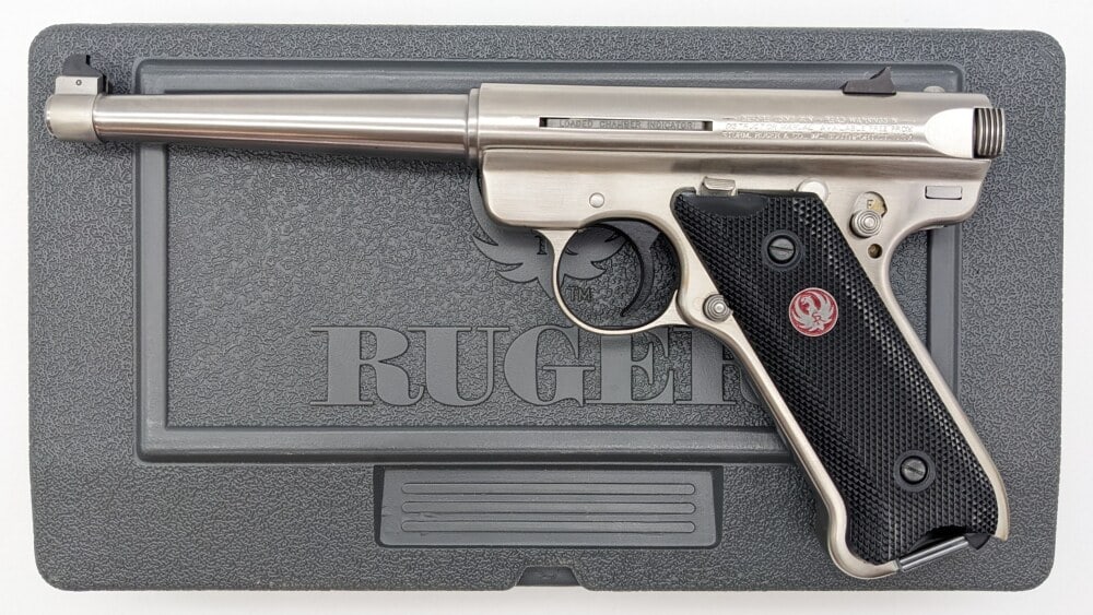 Ruger MK II .22 LR Semi Auto Pistol w/ Case: Manufacturer: Ruger, Model: MK II, Type: Pistol, Caliber/Gauge: .22 LR, Barrel: 6 inch, Choke: , Finish: Stainless Steel, Grip: Checkered Plastic, Stock: , Condition: Very nice with light wear from us
