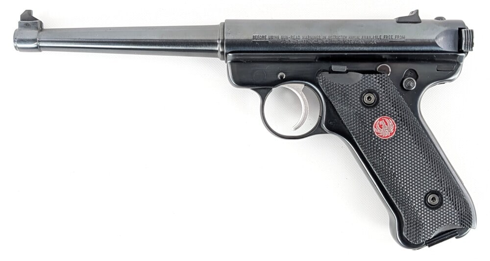 Ruger Mark II .22 LR Semi Auto Pistol: Manufacturer: Ruger, Model: Mark II, Type: Pistol, Caliber/Gauge: .22 LR, Barrel: 6 inch, Choke: , Finish: Blued, Grip: Checkered Plastic, Stock: , Condition: Very nice with light wear from use and ha