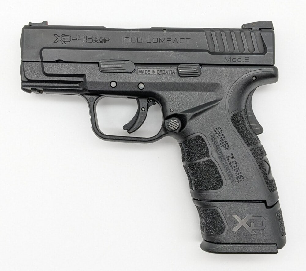 Springfield Armory XD-45 Mod 2 Sub-Compact .45 ACP Semi Auto Pistol: Manufacturer: Springfield Armory, Model: XD-45, Type: Pistol, Caliber/Gauge: .45 ACP, Barrel: 3-1/4 inch, Choke: , Finish: Black, Grip: Polymer, Stock: , Condition: Good with light scuffs and wear fro