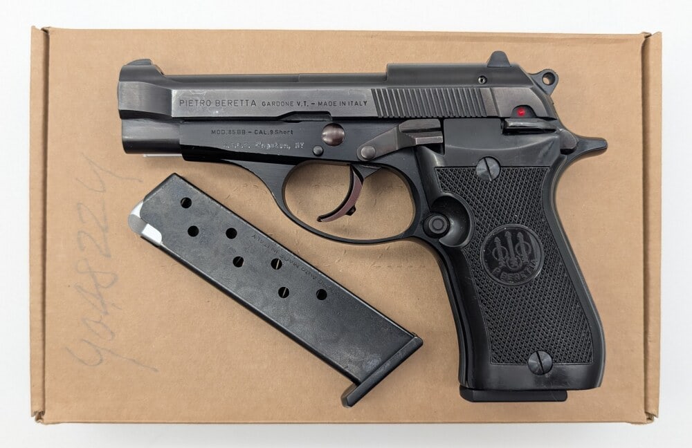 Beretta Model 85BB .380 ACP Semi Auto Pistol w/ Box: Manufacturer: Beretta, Model: 85BB, Type: Pistol, Caliber/Gauge: .380 ACP, Barrel: 3-3/4 inch, Choke: , Finish: Blued, Grip: Checkered Plastic, Stock: , Condition: Nice with light scuffs and wear from