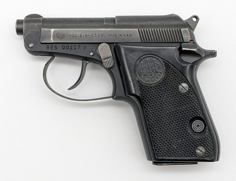 Beretta Model 21A .25 ACP Semi Auto Pistol: Manufacturer: Beretta, Model: 21A, Type: Pistol, Caliber/Gauge: .25 ACP, Barrel: 2-3/8 inch, Choke: , Finish: Black Oxide, Grip: Checkered Plastic, Stock: , Condition: Good with finish wear, scuffs, a