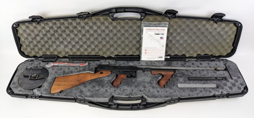 NIB Auto-Ordnance Thompson Model 1927 A1 .45 ACP Semi Auto Rifle: Manufacturer: Auto-Ordnance, Model: 1927-A1, Type: Rifle, Caliber/Gauge: .45 ACP, Barrel: 18 inch w/ Muzzle Device, Choke: , Finish: Blued, Grip: , Stock: Smooth Walnut, Condition: New, FFL: Required,
