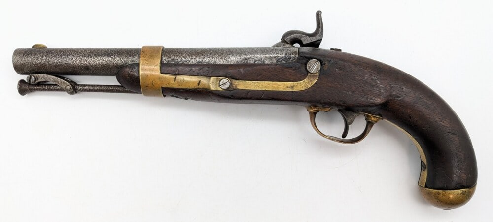 U.S. Model 1842 I.N. Johnson 1853 Dated .54 Cal Percussion Pistol: Manufacturer: I.N. Johnson, Model: 1842, Type: Black Powder, Caliber/Gauge: .54 Cal, Barrel: 8-1/2 inch, Choke: , Finish: Bare Metal, Grip: Wood, Stock: , Condition: Aged with heavy pitting on the bar